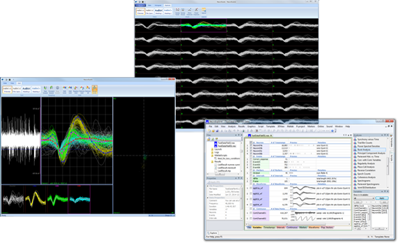 Apollo GUI software showing single-units, multi-units, spike waveform, data analysis